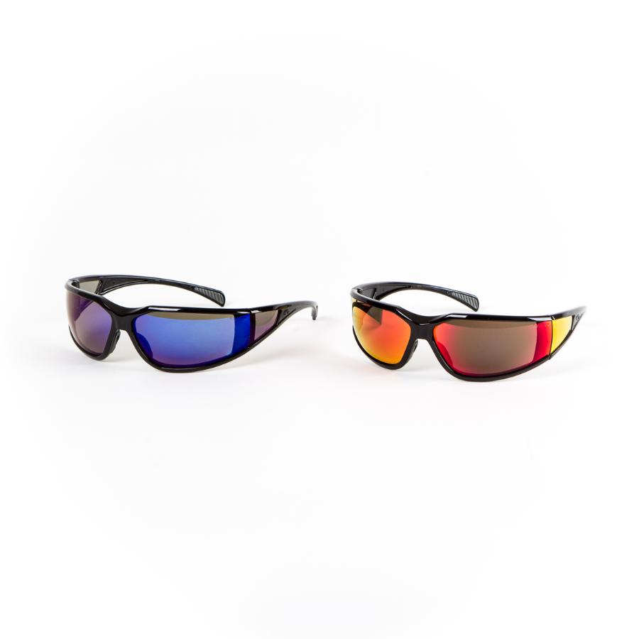 Solbrille m/sikkerhed, blå spejllinse, slagfast, antidug